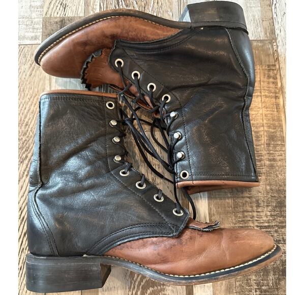 Vintage 90's Laredo Two-Tone Leather Kiltie Roper Western Lace Up Boots Sz 6 USA - Picture 4 of 9